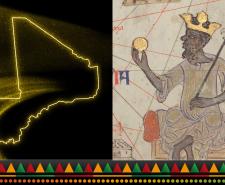 A gold glitter map of Mali and an illustration of Mansa Musa sitting on a throne and holding a gold coin.