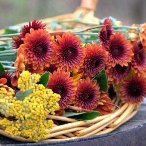 A wicker basket is full of a variety of flowers on stems with their blooms pointing outwards.