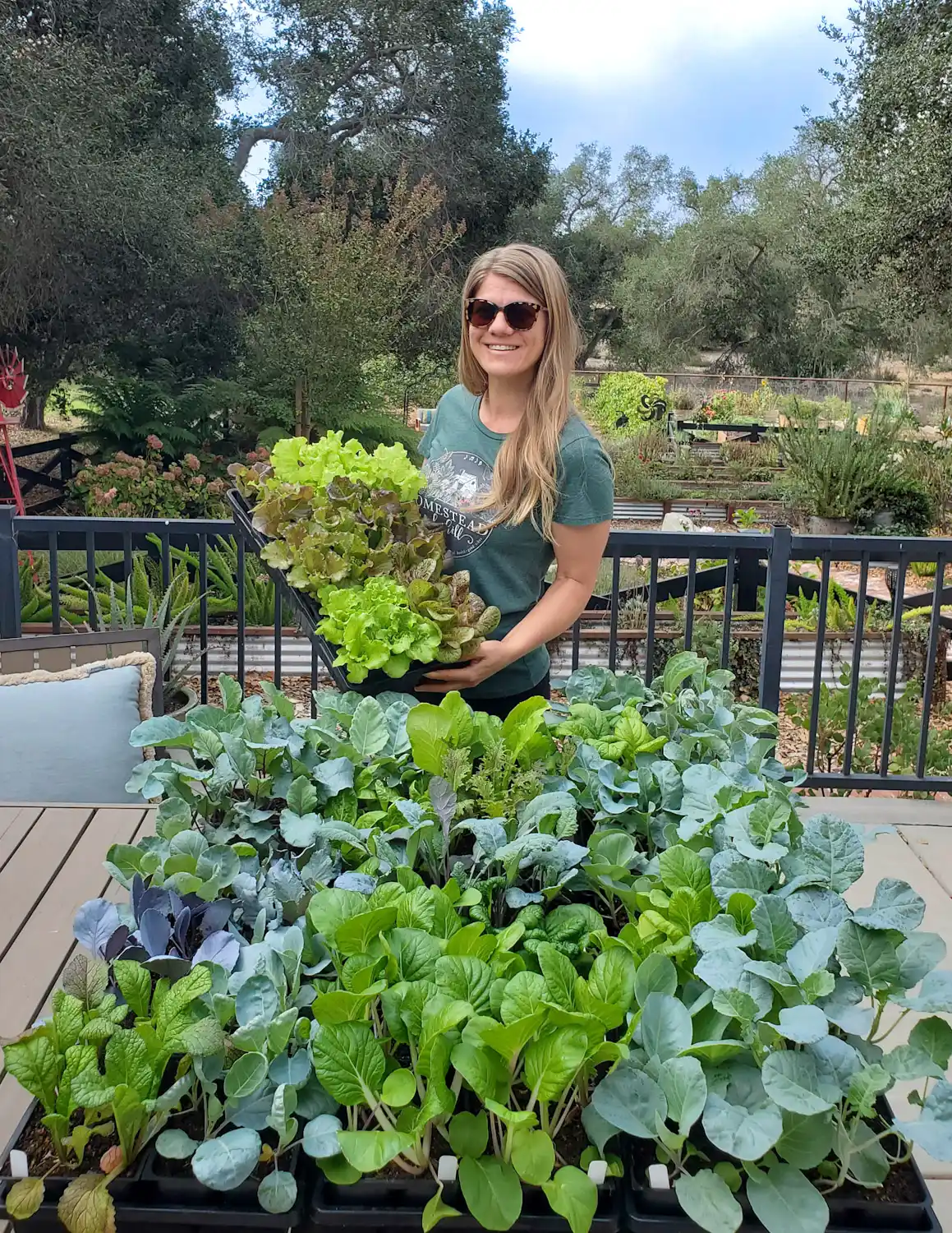 DeannaCat is standing behind a table full of tender seedlings to be planted out for the fall garden. She is holding a tray of tender lettuce seedlings that will be planted out as well. 