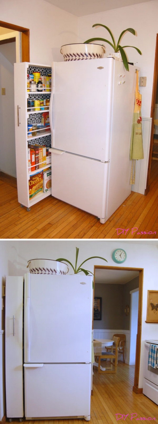 Make Use of the Space Between the Wall and the Fridge with this DIY Rolling Pantry. 