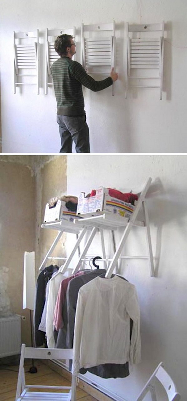 Hanging Chair on the Wall as a Foldable Storage Shelf. 