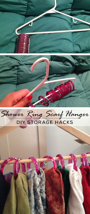 Organize Your Scarves with the Shower Rings Hung on Hangers. 