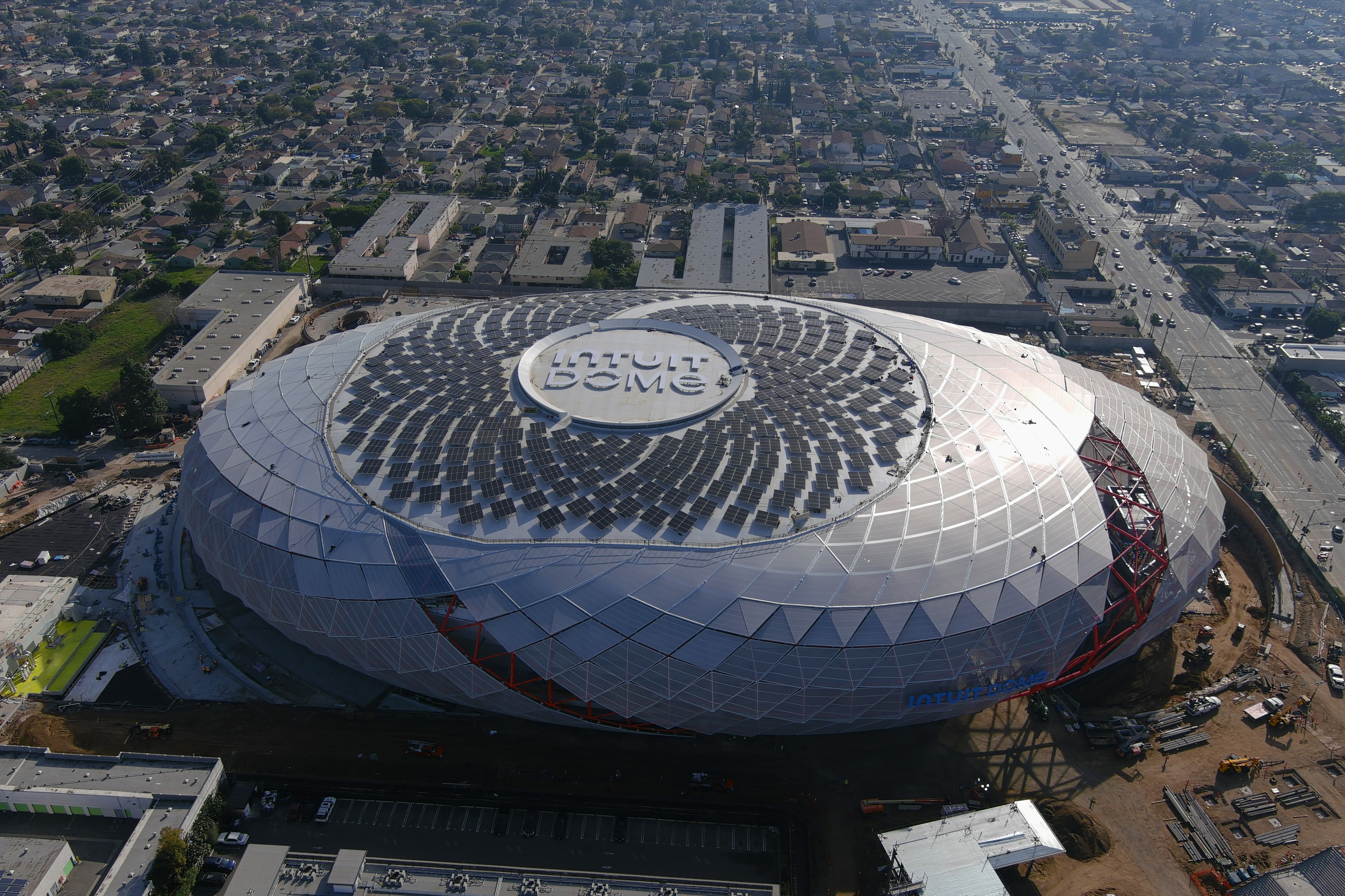 The Intuit Dome is seen from an aerial view while under construction ...