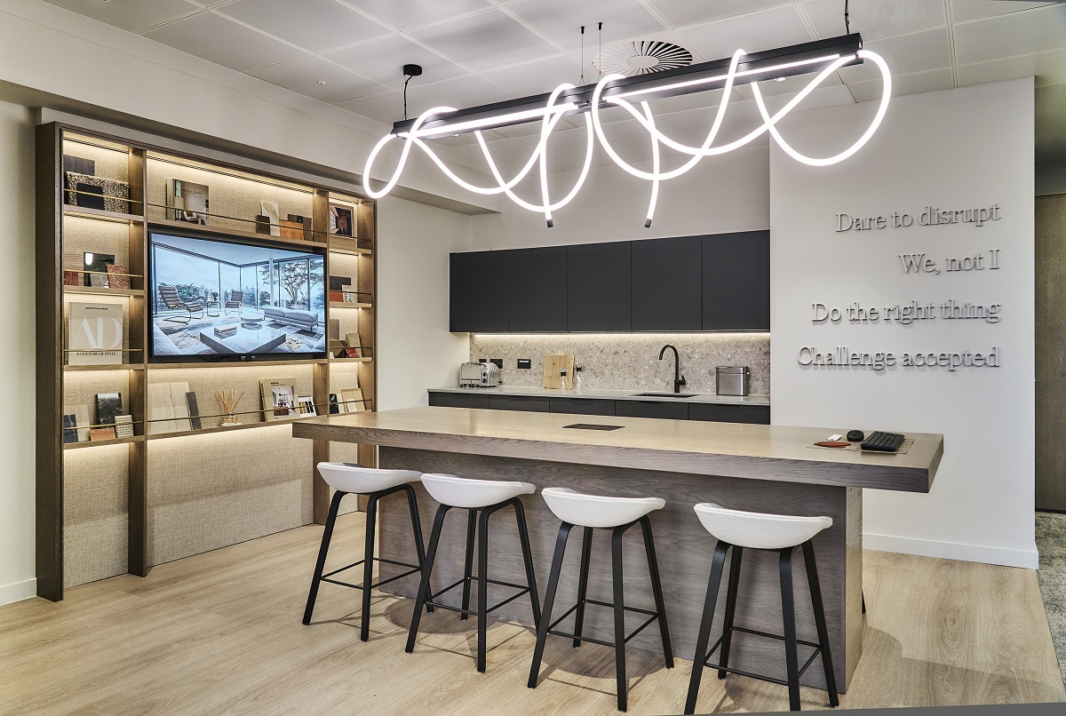 meeting table under statement light in OCCA Design studio