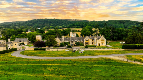 aerial view of ellenborough Park hotel and surrounding countryside with early morning sky