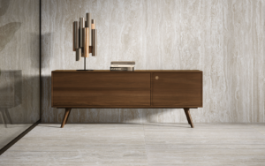 wooden cabinet set against Pontino slabs from RAK