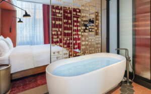 Bedroom at the Hard Rock Hotel Budapest, with a bath