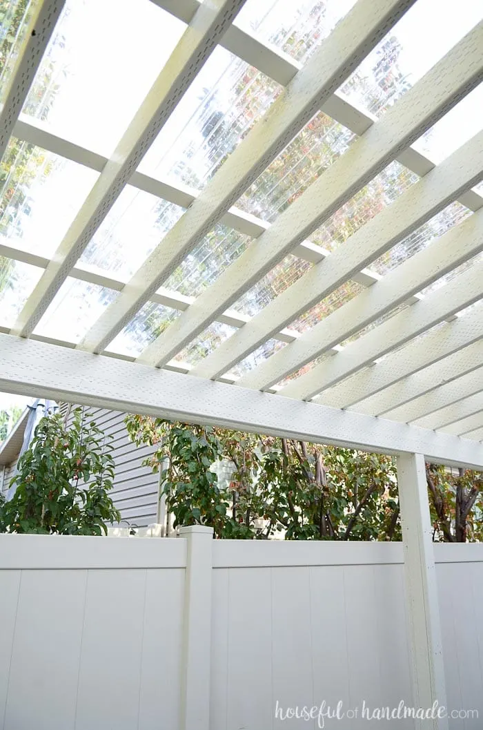 Turn your pergola into a covered porch. You can now use it all year round. See how we installed a clear pergola roof. Housefulofhandmade.com