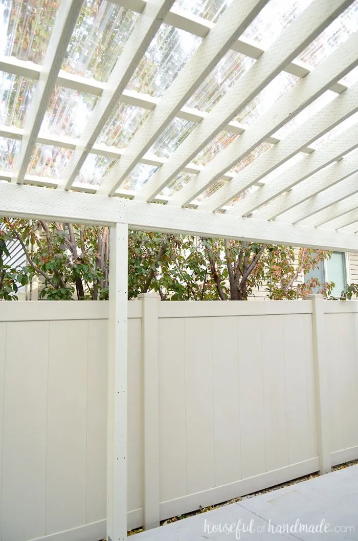 We added a clear pergola roof to the pergola. Now it's the perfect place to enjoy family gatherings no matter the weather. Housefulofhandmade.com