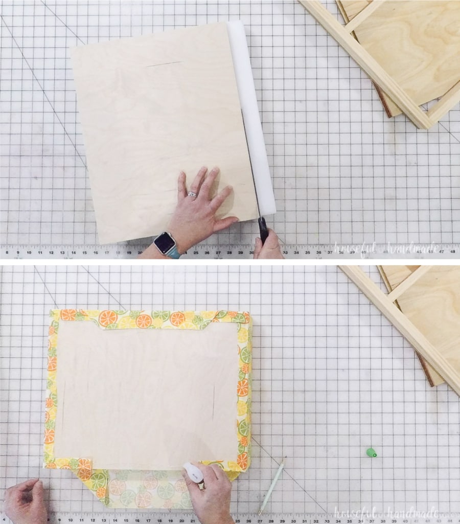 Covering the bottom cushion of the lap desk in fabric. 