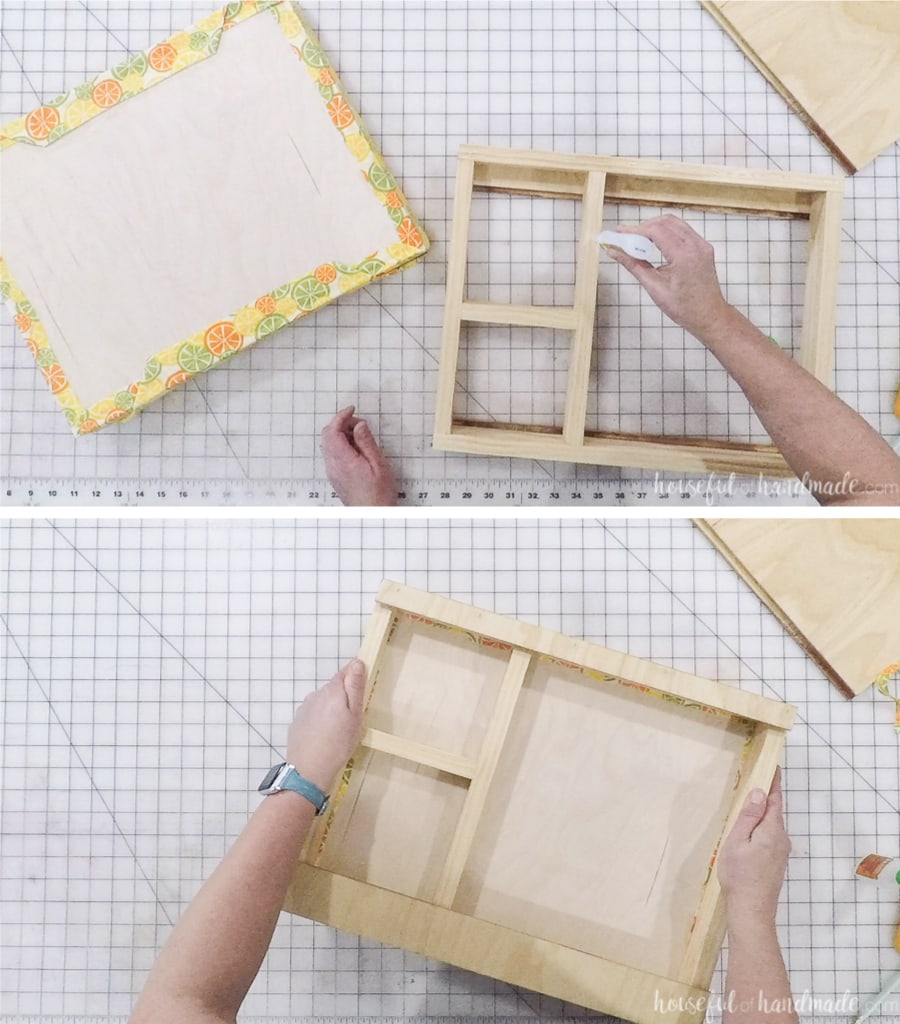 Glueing the DIY lap desk frame to the cushion. 