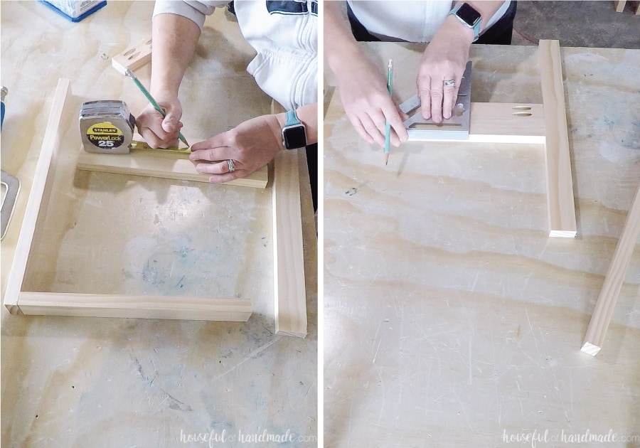 Marking a line for the divider board on the lap desk frame.