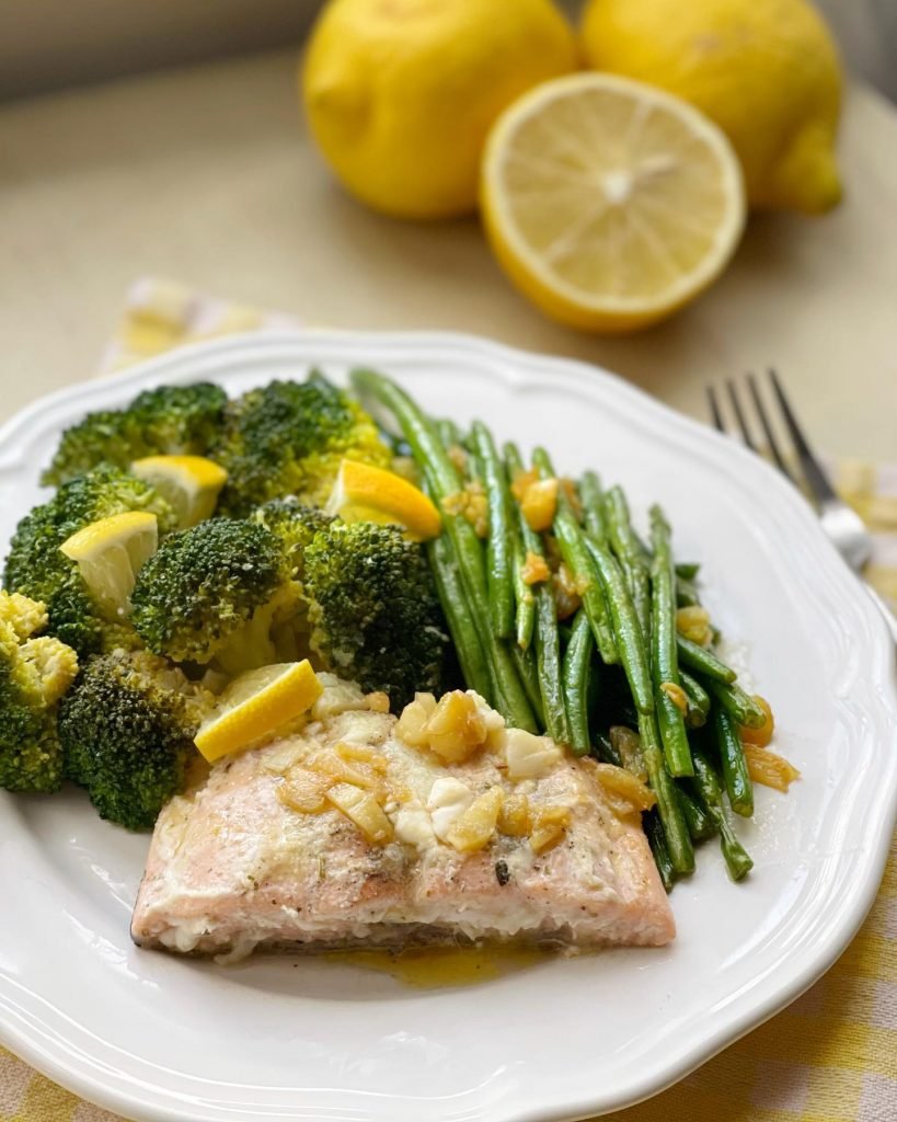 Parboiled broccoli with stir fried baby french beans & buttered salmon - House of Hazelknots