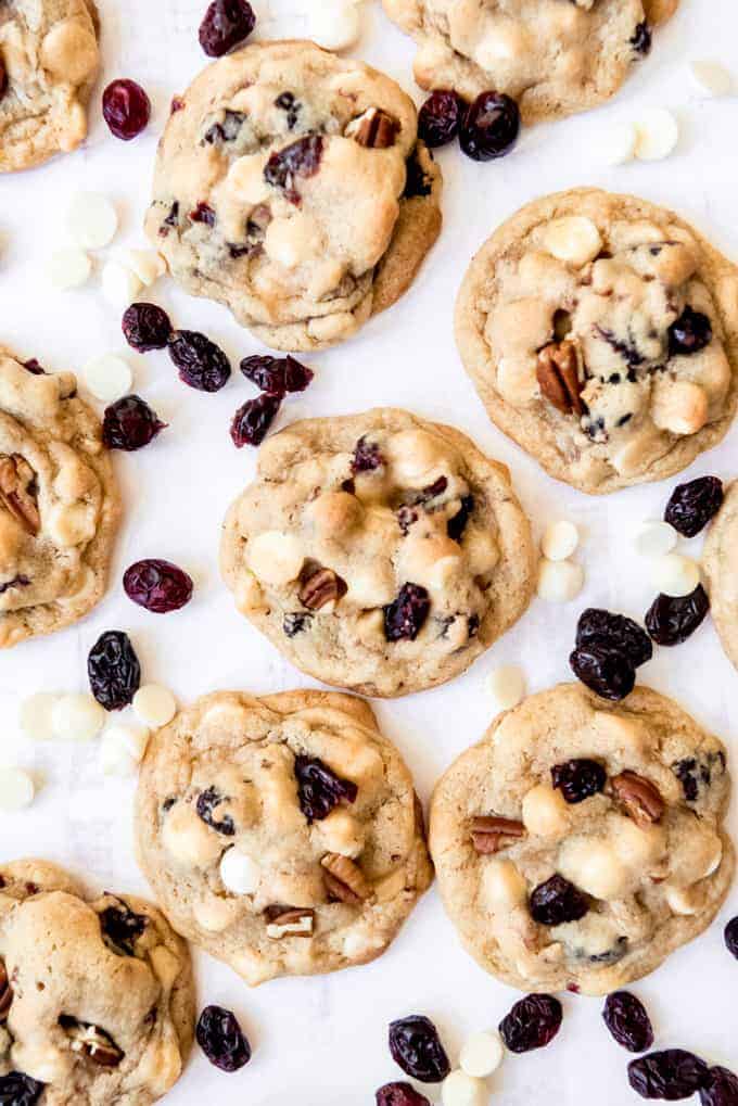 Cookies with white chocolate chips and dried cranberries.