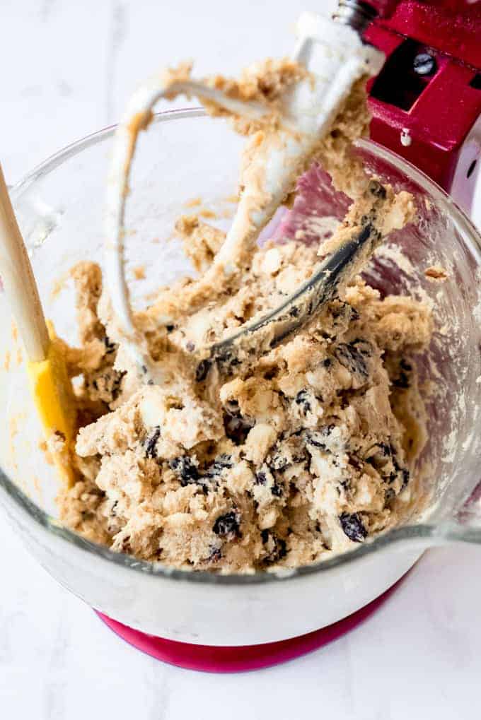 White chocolate cranberry cookie dough is blended and ready to be shaped and placed on a cookie sheet. 