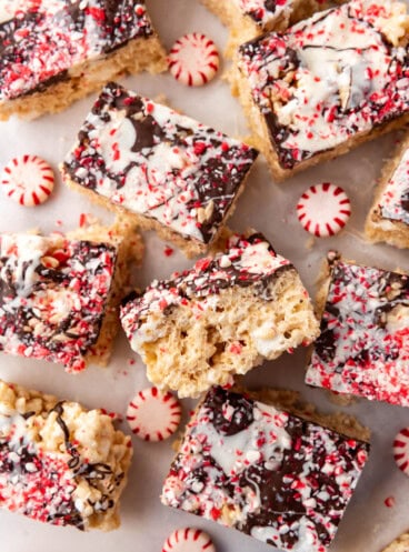 An overhead image of peppermint bark rice krispies treats squares.