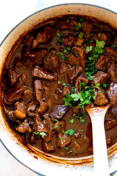 White dutch oven filled with carne guisada topped with fresh cilantro.