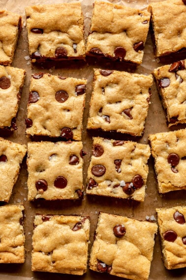 Chocolate chip cookie bars cut into squares.