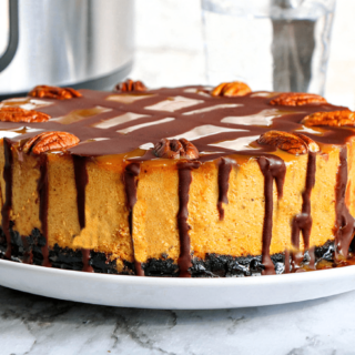 instant pot pumpkin turtle cheesecake on plate.