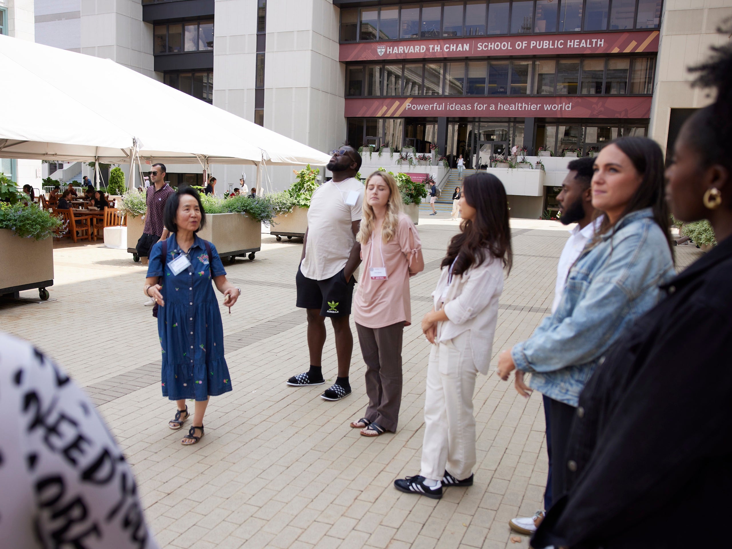 Lilian Cheung leads a group of guests on a mindful walk in Kresge courtyard