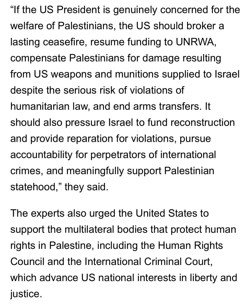 UN Human Rights Special Rapporteurs 
@UN_SPExperts
 responding to President Trump's comments regarding taking over Gaza: Implementing the US proposal would shatter the most fundamental rules of the international order and the United Nations Charter since 1945, that the US was instrumental in creating to restore peace after the catastrophic Second World War and Holocaust. It would return the world to the dark days of colonial conquest. It is manifestly illegal to invade and annex foreign territory by force, to forcibly deport its population, and to deprive the Palestinian people of their inalienable right to self-determination, including to retain Gaza within a sovereign Palestinian state.