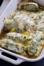 baked pesto chicken in baking dish