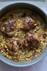 one pan chicken bacon creamy corn thighs