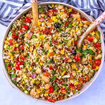 Mediterranean Rice Salad in a large round serving dish.