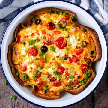 Baked Egg Tortilla in a round baking dish.