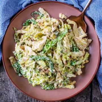 A bowl of creamed cabbage with a spoon in it.