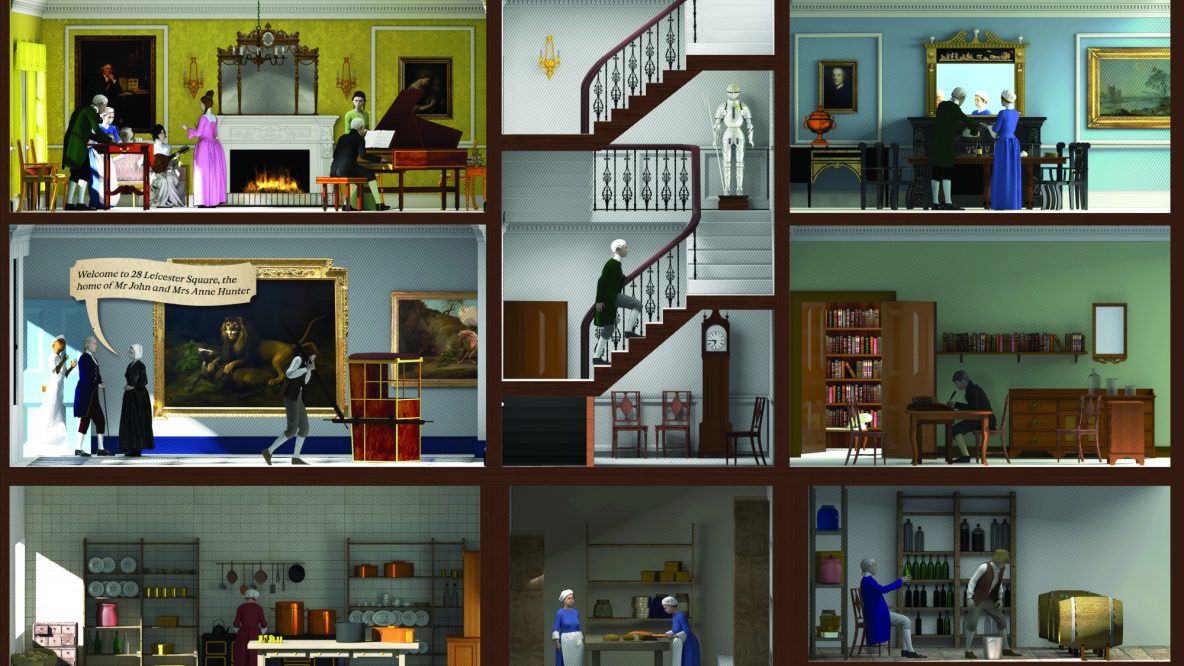 A graphic of the cross section of a house. There are five stories, with two rooms on each floor with a central staircase. The house is populated with people dresses in 18th century clothing, and is decorated in an 18th century style with four poster best, gold framed paintings and marble fireplaces.