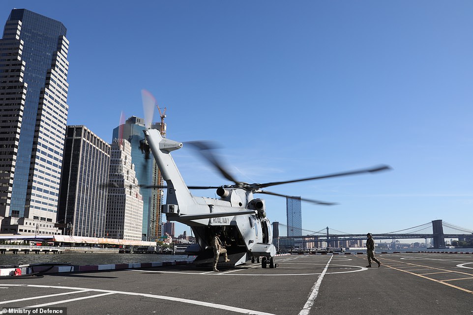 A Royal Navy helicopter is seen onboard HMS Queen Elizabeth after its arrival in New York Harbor 