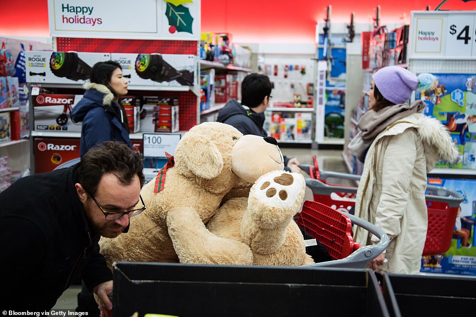 Video games, TVs and stuffed toys are popular choices on Black Friday. Here some teddies sit in a shopping cart at a Target  store in Westbury, New York