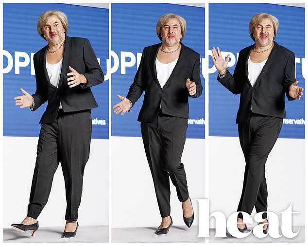 Spot the difference: David Walliams transformed into 'awkward' Prime Minister Theresa May and mimicked her widely-mocked Dancing Queen moves for a heat magazine shoot