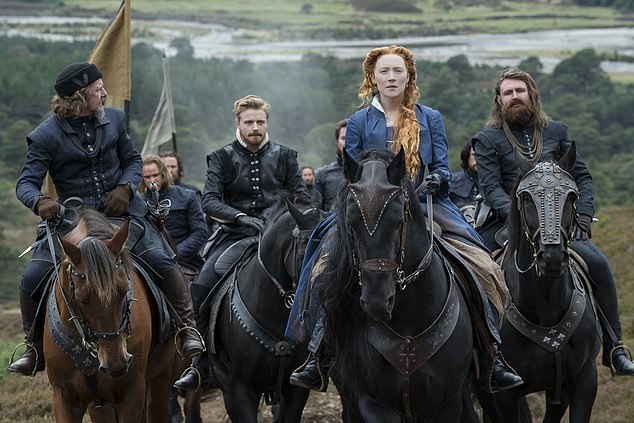 Jack Lowden stars as Lord Darnley (second left), Saoirse Ronan as Mary Stuart and James McArdle as Earl of Moray (right)