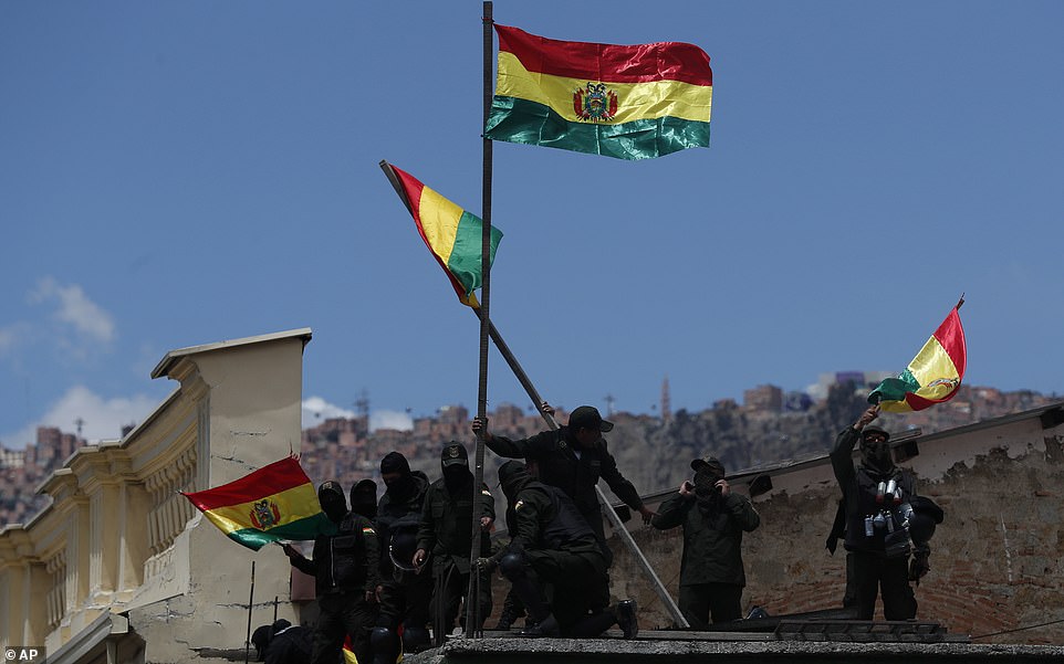 President Evo Morales was not in the building when police retreated on Saturday, with some of them standing on the roof of a near by police station in a sign of growing discontent among security forces after a disputed election