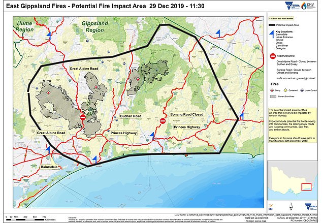 The blacked out circle shows the area from which authorities were urging people to evacuate on Sunday