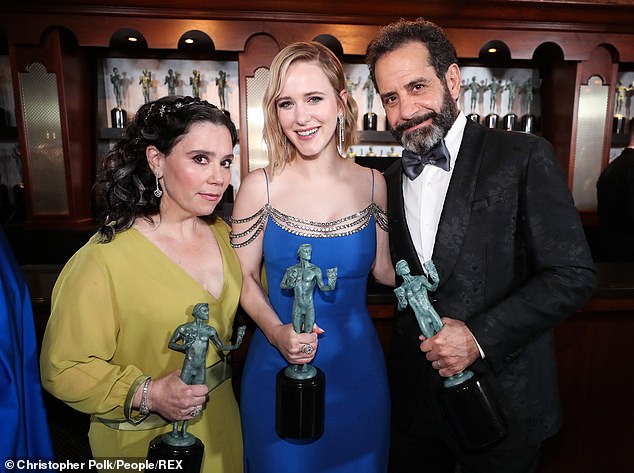 Triumphant: Rachel and costar Alex Borstein joined Tony Shalhoub, who enjoyed an individual SAG win for his performance as curmudgeonly father Abe Weissman