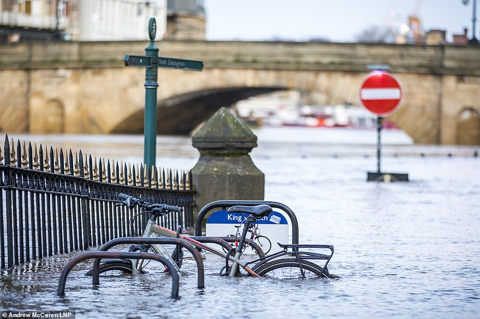 The River Ouse in York has broken its banks after heavy overnight rainfall from Storm Ciara, a flood warning remains in place with the river level expected to rise further