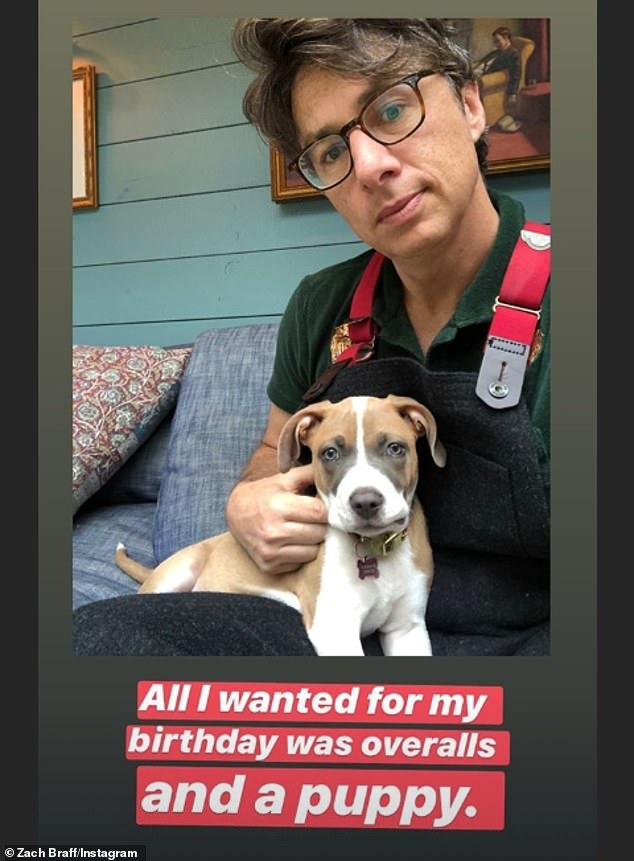 Flour-legged friend: Zach also uploaded an image of himself and his adorable dog as he wrote, 'All I wanted for my birthday was overalls and a puppy'