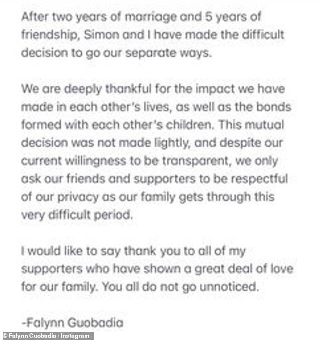 Separate ways: 'After two years of marriage and 5 years of friendship, Simon and I have made the difficult decision to go our separate ways,' the reality television personality began a lengthy announcement on her Instagram Story back on April 22