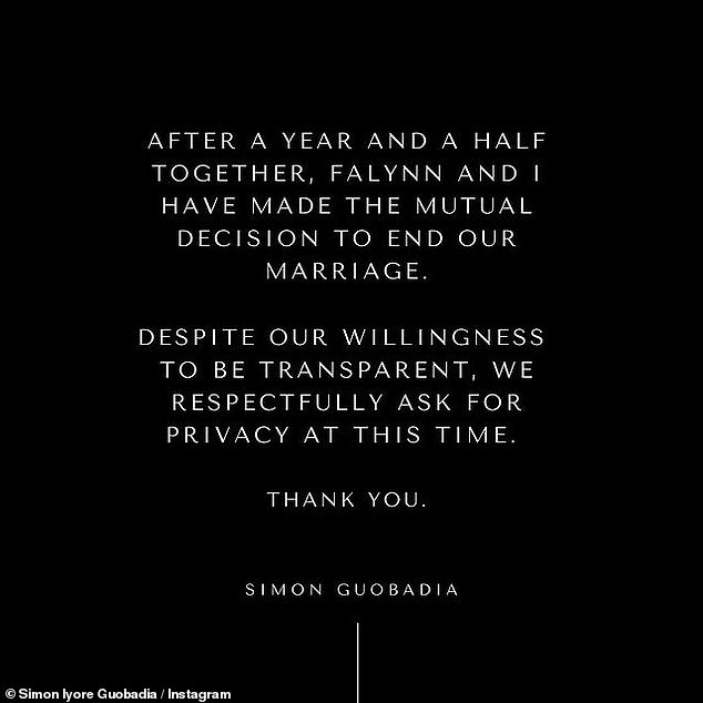 Mutual decision: The film producer and entrepreneur also discussed the split with a post on his own Instagram account, writing, 'After a year and a half together, Falynn and I have made the mutual decision to end our marriage'