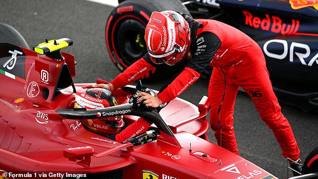 The 24-year-old congratulates his Ferrari team-mate after victory around Silverstone last week