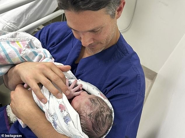 The besotted couple thanked the medical staff along with friends and family for their 'love, support, and gifts' since in the birth. Pictured: Blair with Holland