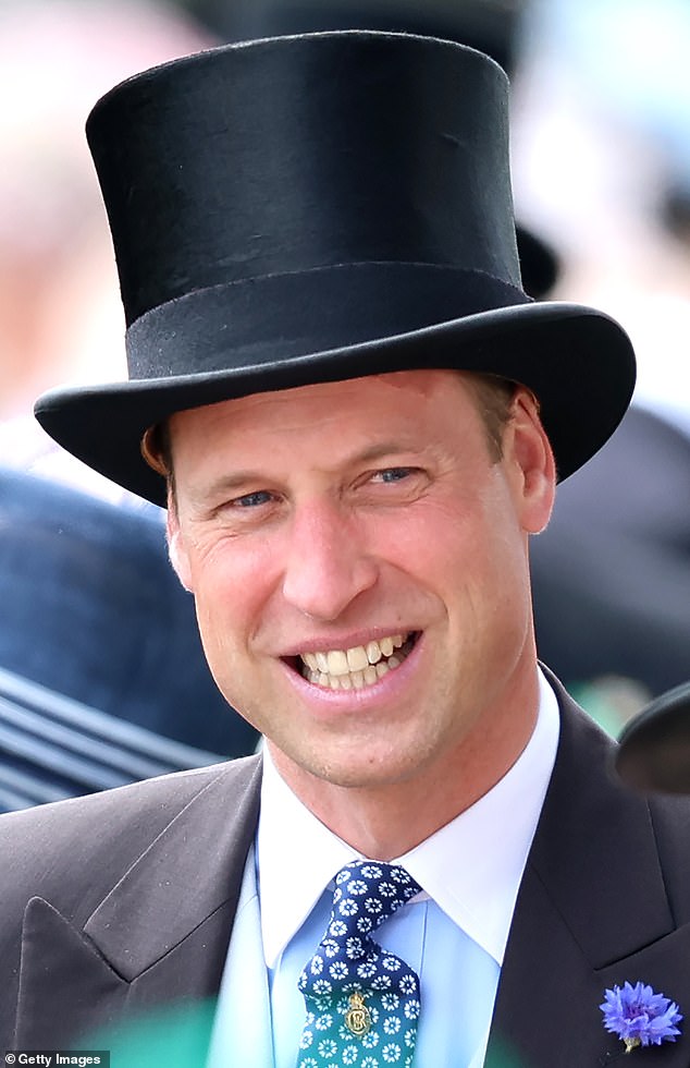 Pictured: William looked smart on the second day of the races as he wore a classic black suit and top hat