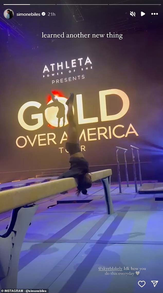 Simone Biles showed off a new trick she learned while preparing the Gold Over America Tour