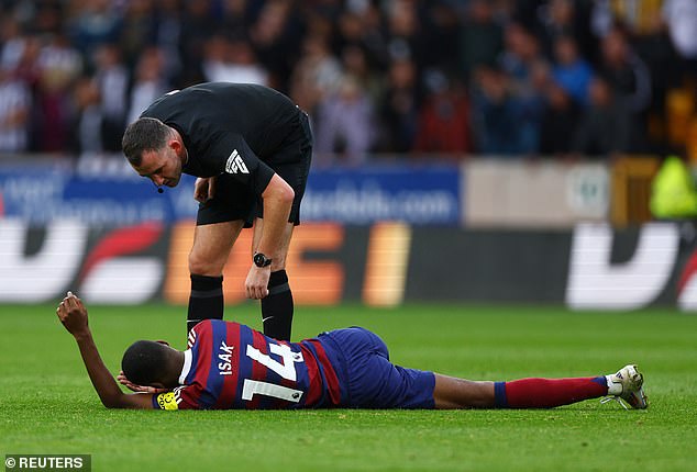 Alexander Isak was forced off at half-time in Sunday's win at Wolves with an eye complaint