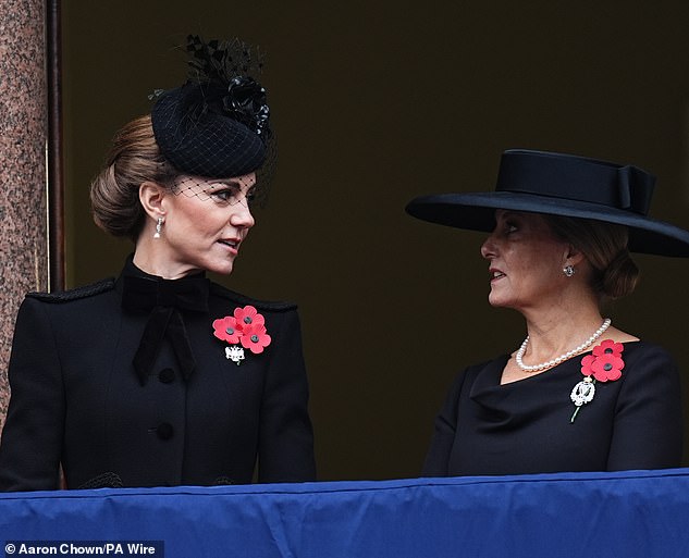 Side-by-side: With Prince William joining the King to lay wreaths, Kate took her place on the balcony at the Foreign, Commonwealth and Development Office with the Duchess of Edinburgh - who, says body language expert Judi James, took on a maternal role