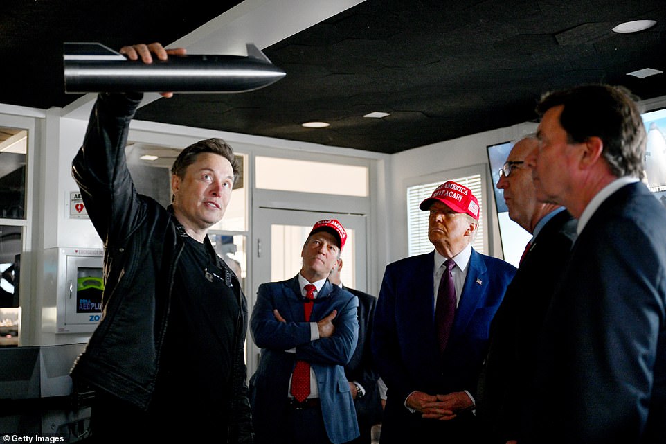 SCHOOL OPEN HOUSE. Donald Trump watched Elon Musk's SpaceX Starship launch above Texas on Tuesday, accompanied by top MAGA allies and his granddaughter Kai Trump. The president-elect, 78, listened intently as the Tesla billionaire explained how his rockets worked before watching the largest in his fleet take off on the horizon. It may appear that Trump let Musk take the spotlight this week, but body language expert Judi James said the interaction 'looks very much like the science lab on parent's open day at school'. 'Musk talks using signals of excitement while Trump adopts a demeanor of solemn pomposity with his raised chin, his down-turned oxbow mouth and his rocking onto his heels to suggest authority,' she told DailyMail.com. 'Musk looks keen for parental-style approval here with his fingers forming a steepling gesture, pressing together so tightly they look white.'