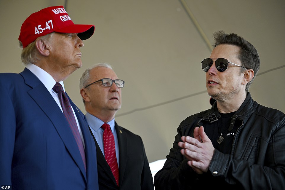 The duo returned to a hero's welcome at the 'Winter White House' last Wednesday and made surprise appearance at the A1Policy conference and joined Macchio as he belted out the patriotic classic. Musk appeared to mime the lyrics. Body language expert Judi James said: 'Their on-stage karaoke, standing on either side of the opera singer, shows a rather awkward-looking Musk looking to Trump to take his cues before mirroring his gestures as he mimes to the song. By leading the gesticulation as Musk mirrors him, Trump seems to establish his natural authority here.'